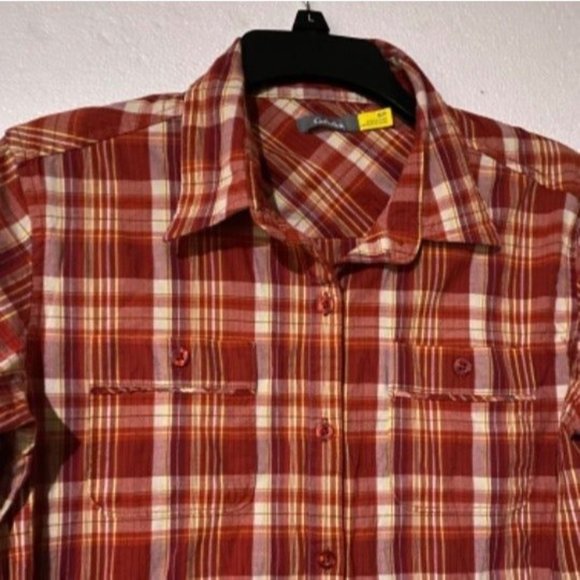 Women Plaid Shirt Cabelas Button Down Red Long Sleeves Pockets Size Small Petite - Picture 4 of 9